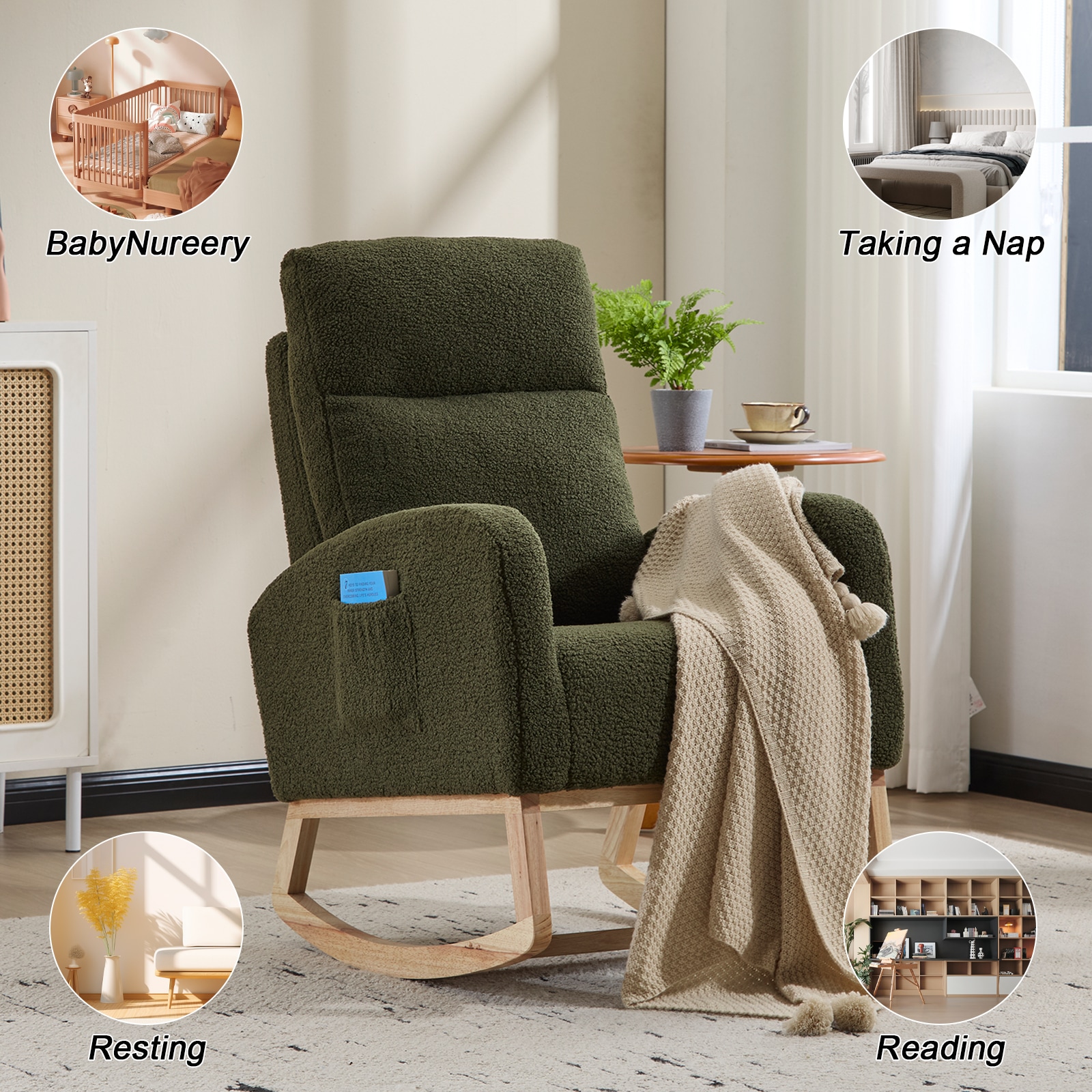 Modern Accent Rocking Chair Rocking Chair With Solid Wood Legs, Upholstered Nursery Glider Rocker, Comfy Armchair With Side Pocket, Living Room Lounge Arm Chair With High Backrest (Dark Green,teddy)_voghion.com